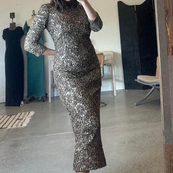 Womens Large Dress Brown Lace Overlay Long Sleeve Vintage Glam Romantic - Picture 1 of 2